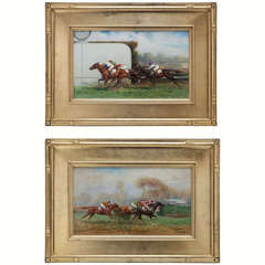 Pair of Racing Oils 'Auteuil Tremblay' by Artist Eugene Pechaubes