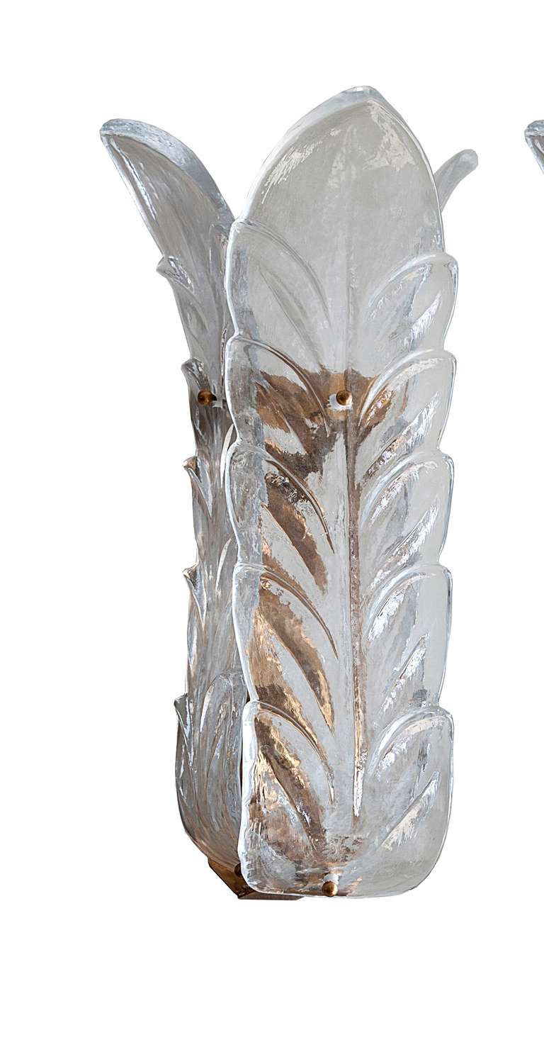 Pair of frosted glass wall sconces by Barovier and Toso from Murano Italy in the 1960's. Three long sections of leaves make an elongated rectangular light..