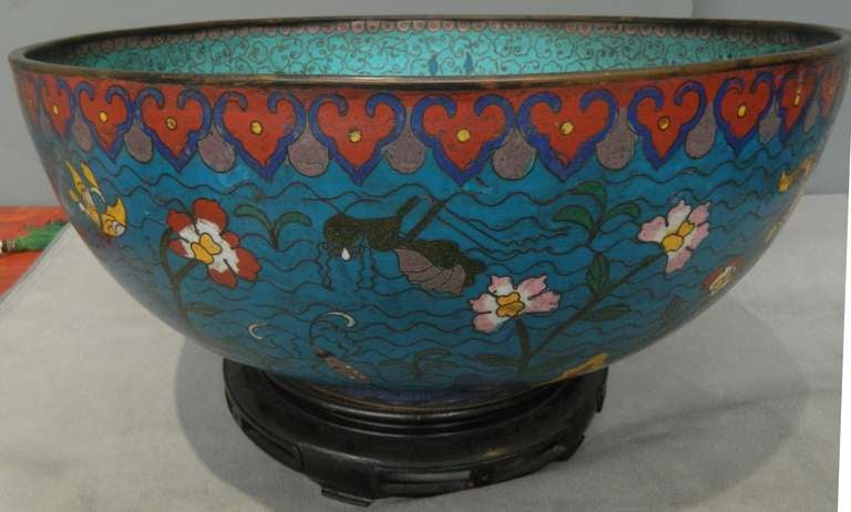 Large antique cloisonne bowl from China in very good condition. It has interesting vibrant colors with  blue and red floral decoration.
The interior is a bright aqua with chrysanthemum and butterfly's.