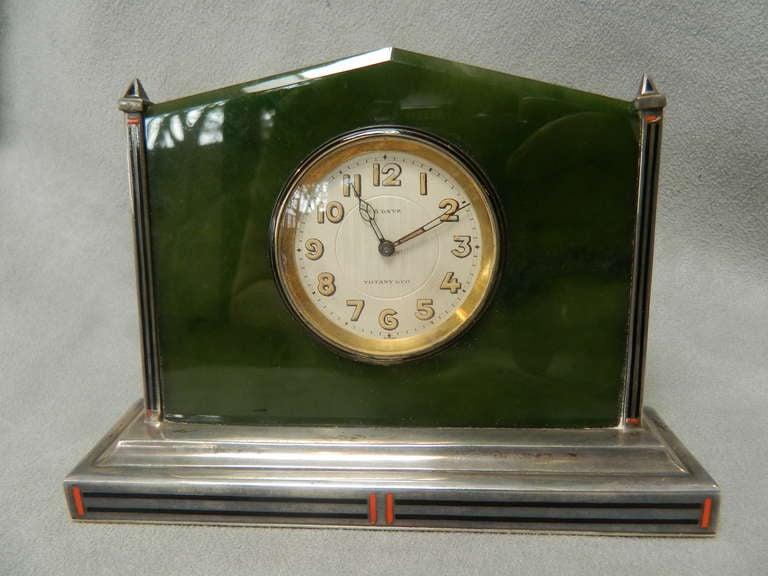 20th Century Tiffany Art Deco Jade and Sterling Clock For Sale