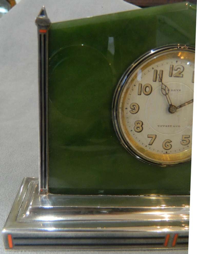 American Tiffany Art Deco Jade and Sterling Clock For Sale