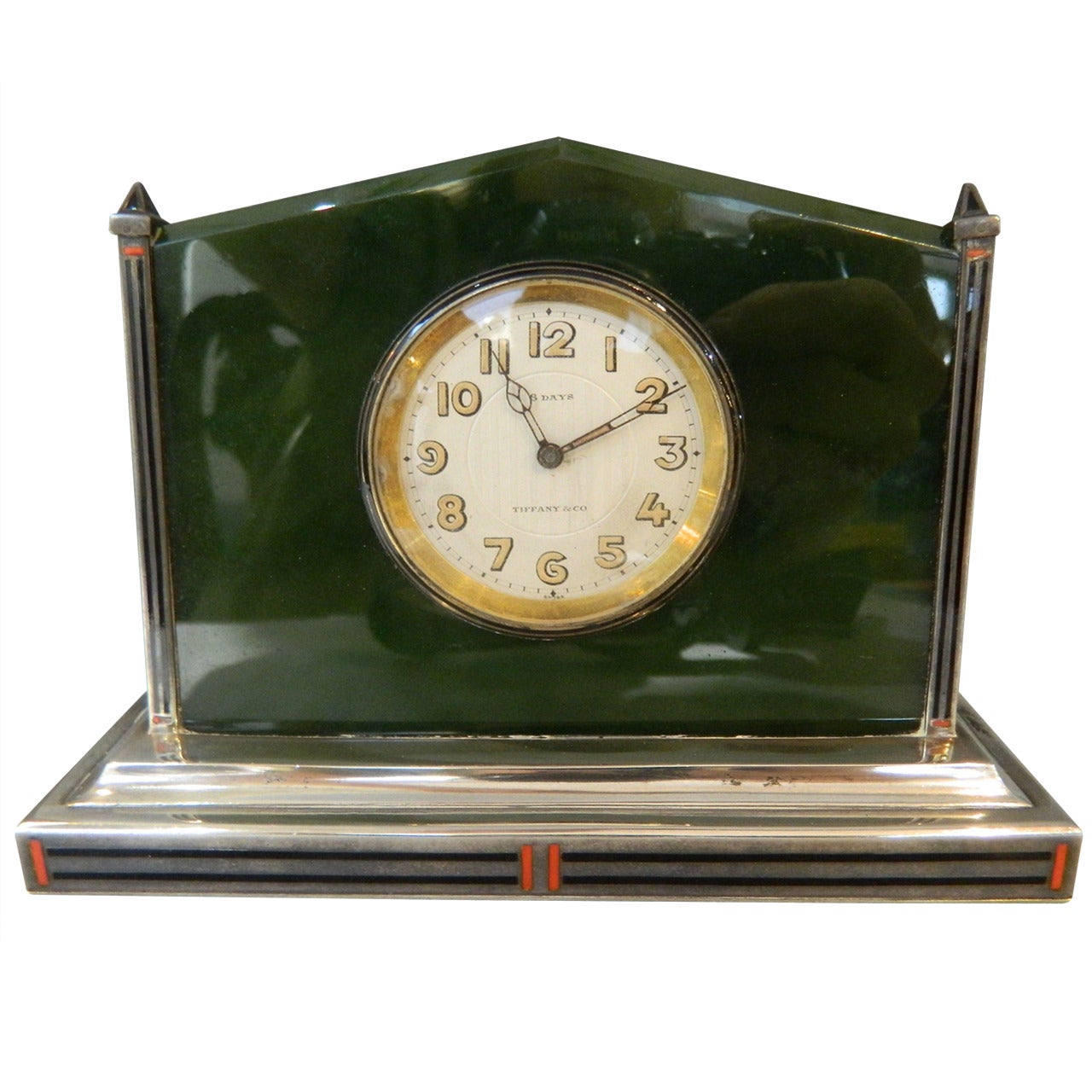 Tiffany Art Deco Jade and Sterling Clock For Sale