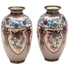 Pair Japanese Dragon Cloisonne Vases