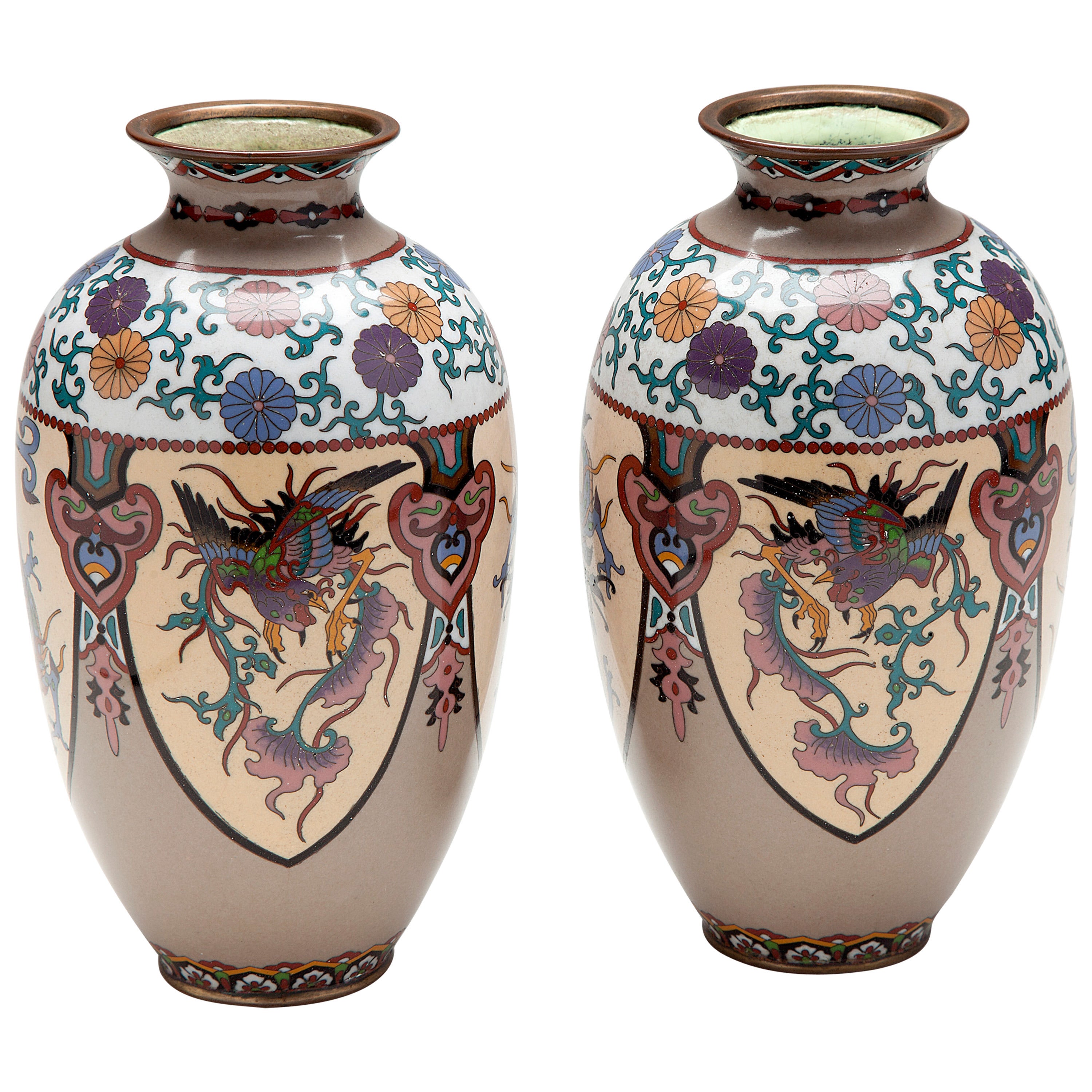 Pair Japanese Dragon Cloisonne Vases For Sale