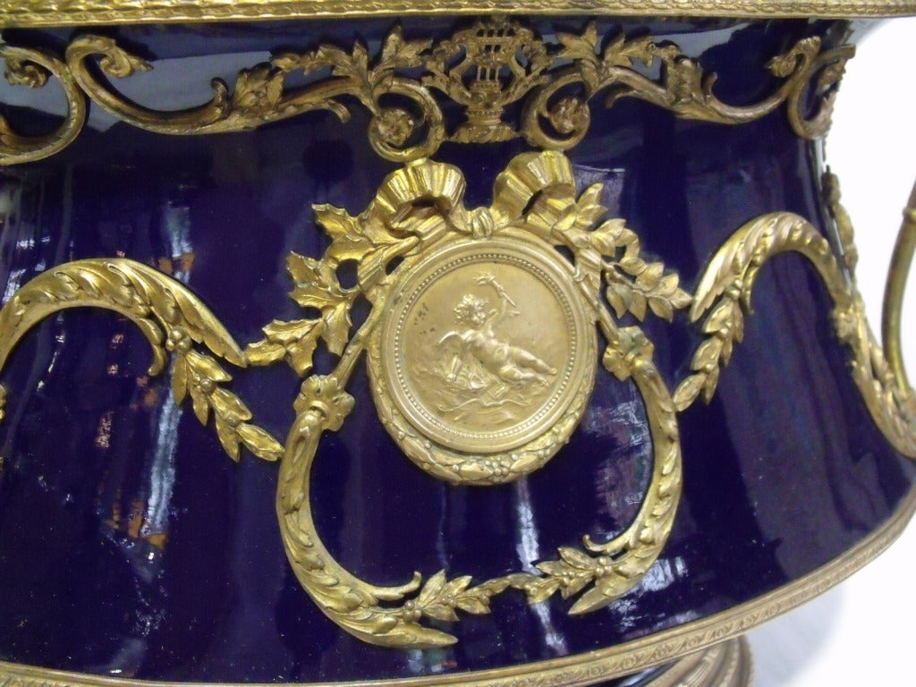 French Cobalt Cherub Oval Jardiniere