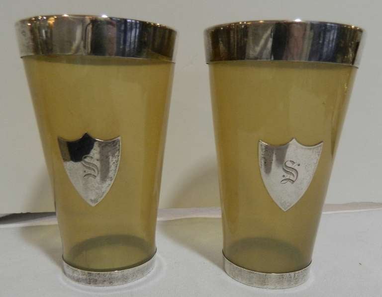 Scottish Horn Beakers Boxed Pair Sterling Mounts Edinburgh For Sale