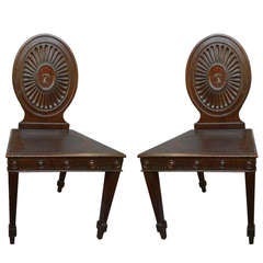 Pair of Antique Georgian Mahogany Crested Hall Chairs