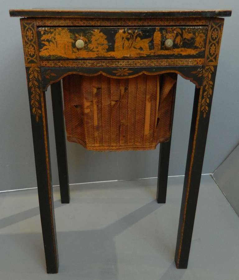 Antique English Penwork Figural Table with Chinoiserie Figures