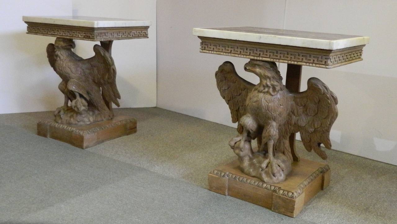 Pair of Antique English Carved Wood Eagle Consoles, Lapis Tops In Good Condition In Houston, TX