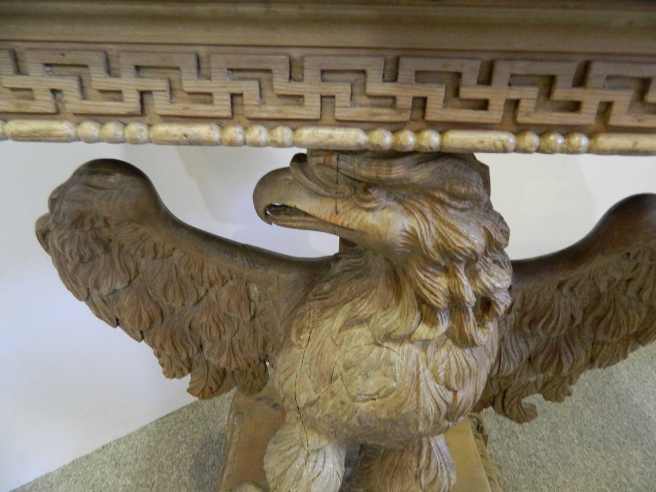 Georgian Pair of Antique English Carved Wood Eagle Consoles, Lapis Tops