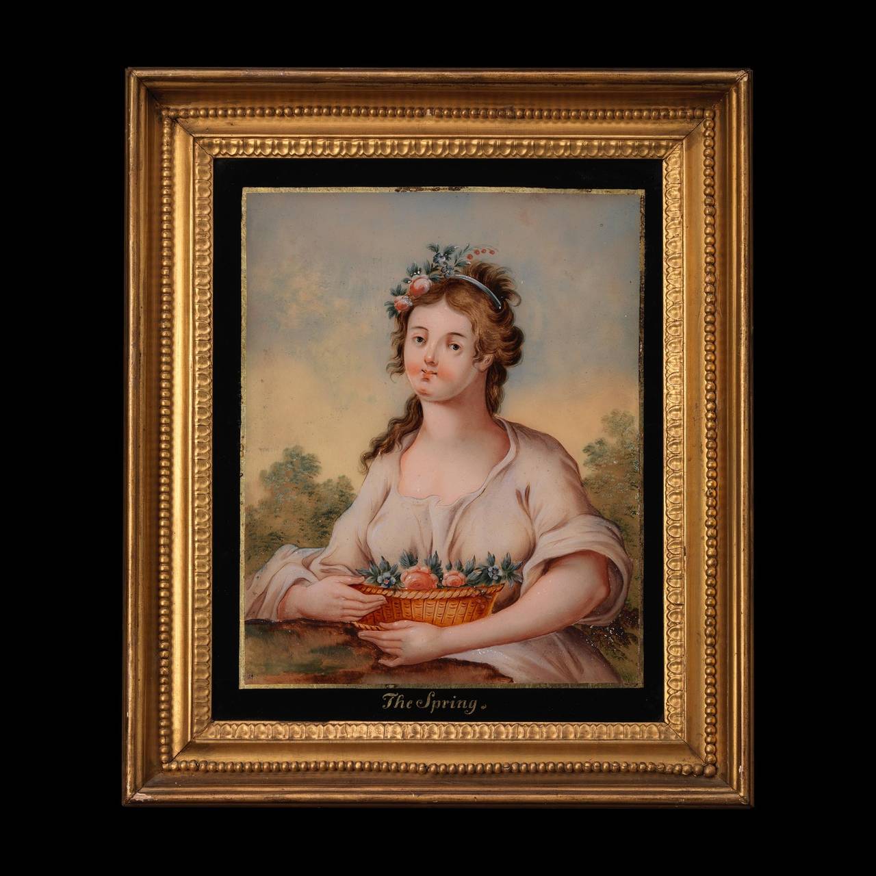 These are a wonderful and rare find of immense beauty. The set of four reverse painted glass pictures are in exceptionally fine, clean and original condition. They retain their original Regency frames with gold leaf water gilded finish.

It is