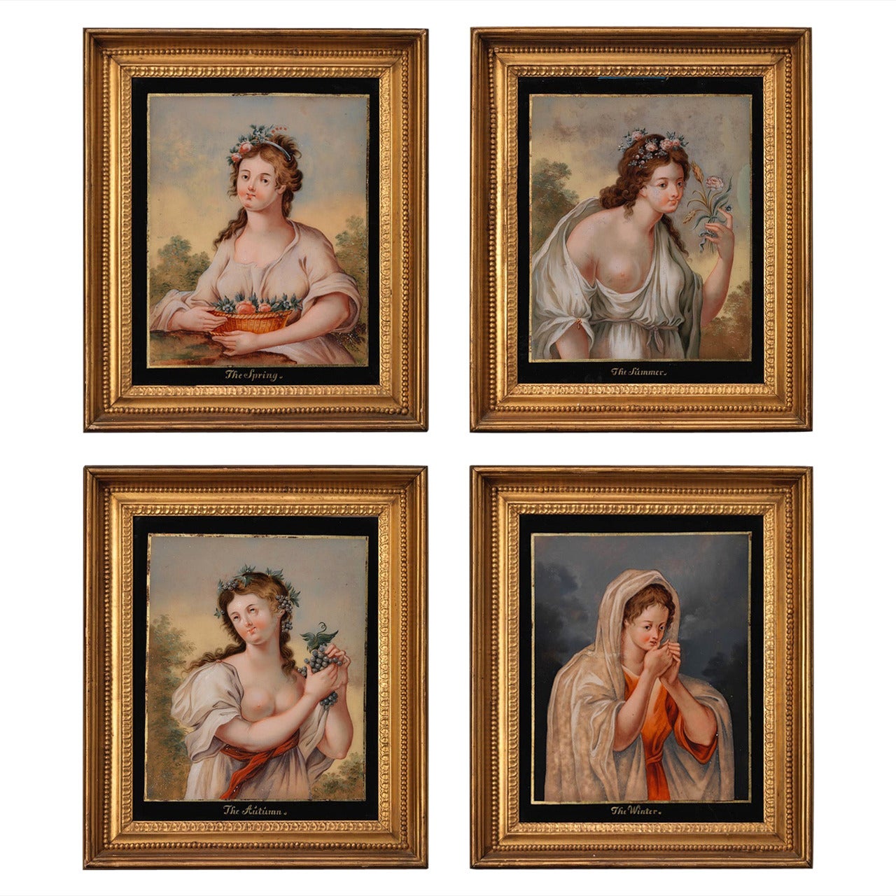 Superb Set of Four Chinese Painted Glass Pictures of the Four Seasons For Sale