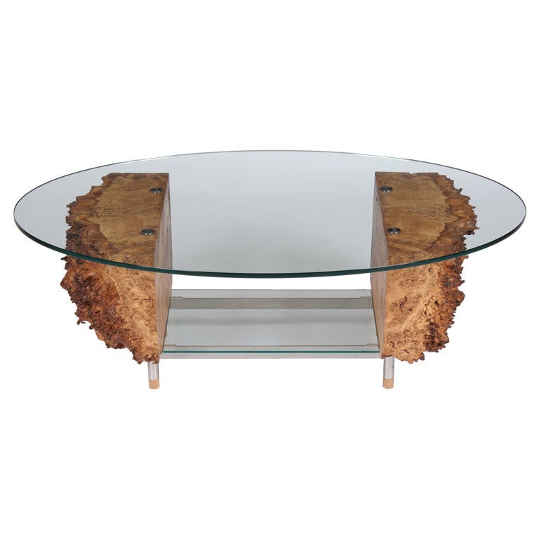 Burr Oak and Stainless Steel Table For Sale