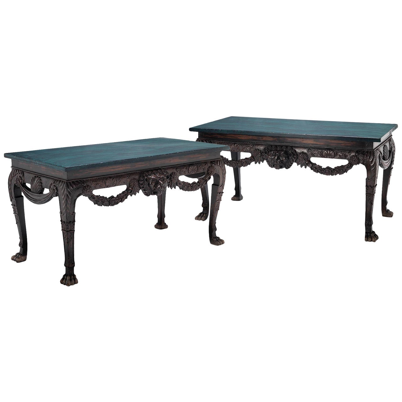 Pair of Large Carved Mahogany Irish Console Tables For Sale