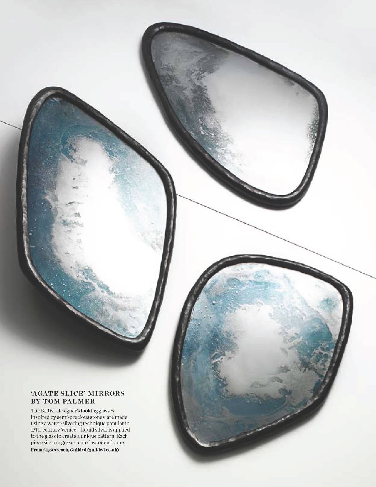 Inspired by slice of agate, these mirrors combine a technique of water silvering with translucent coloured resin. Set within a hand carved gesso coated wooden frame they are extraordinary in their appearance, at once jewel like and