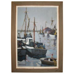 Vintage Boats in the Harbor Oil Painting by Bonnie Whittingham