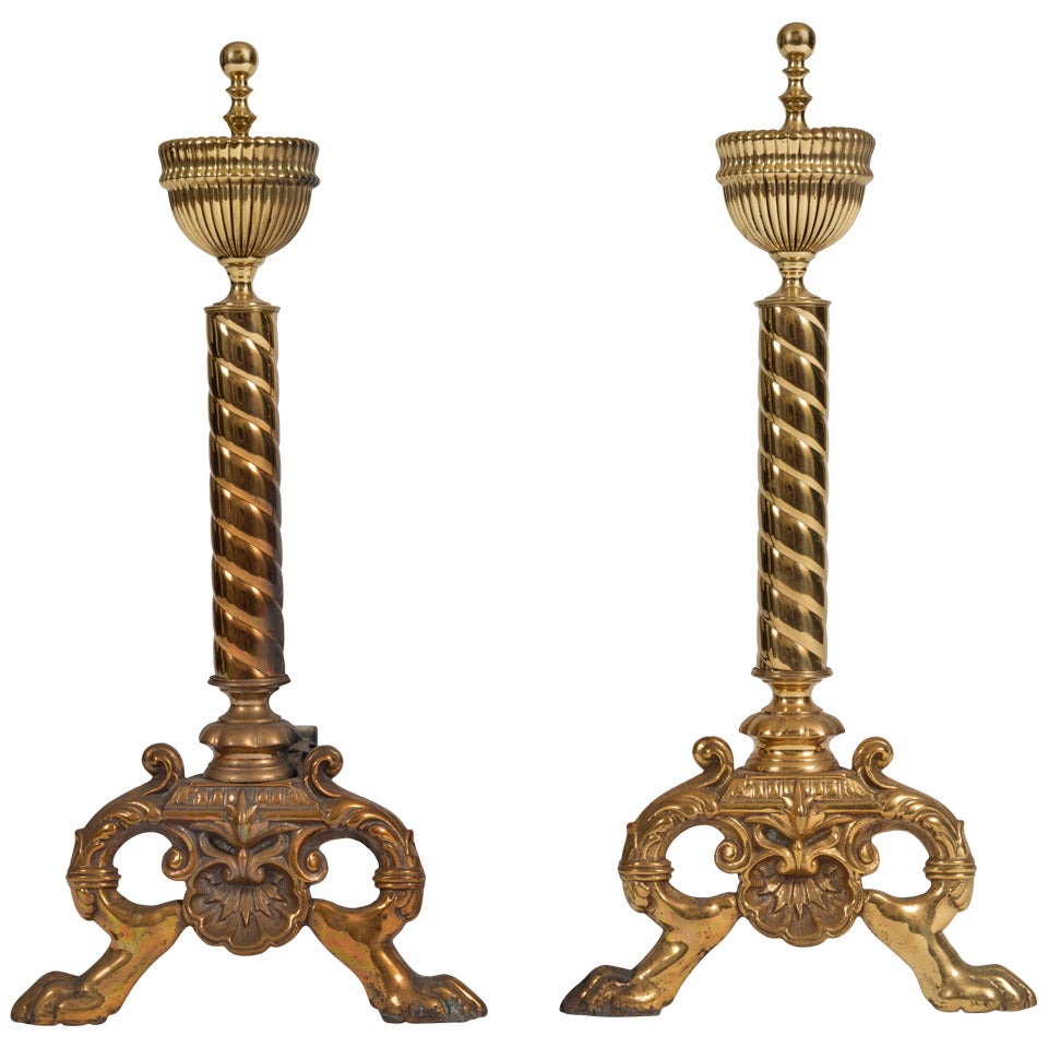 Pair of Elegant Neoclassical Brass Andirons