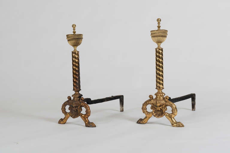 British Pair of Elegant Neoclassical Brass Andirons