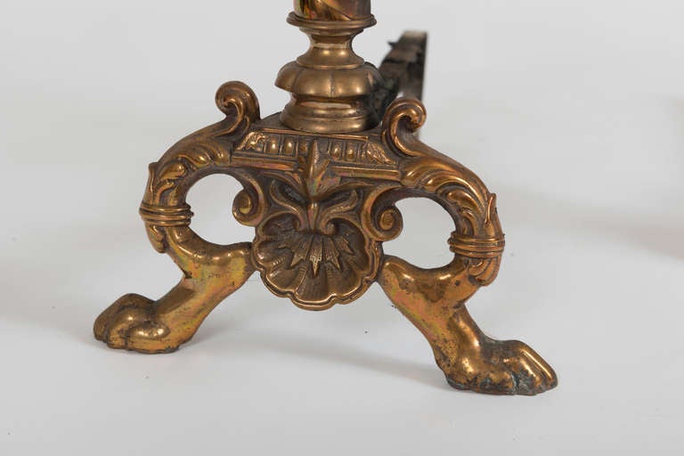 19th Century Pair of Elegant Neoclassical Brass Andirons