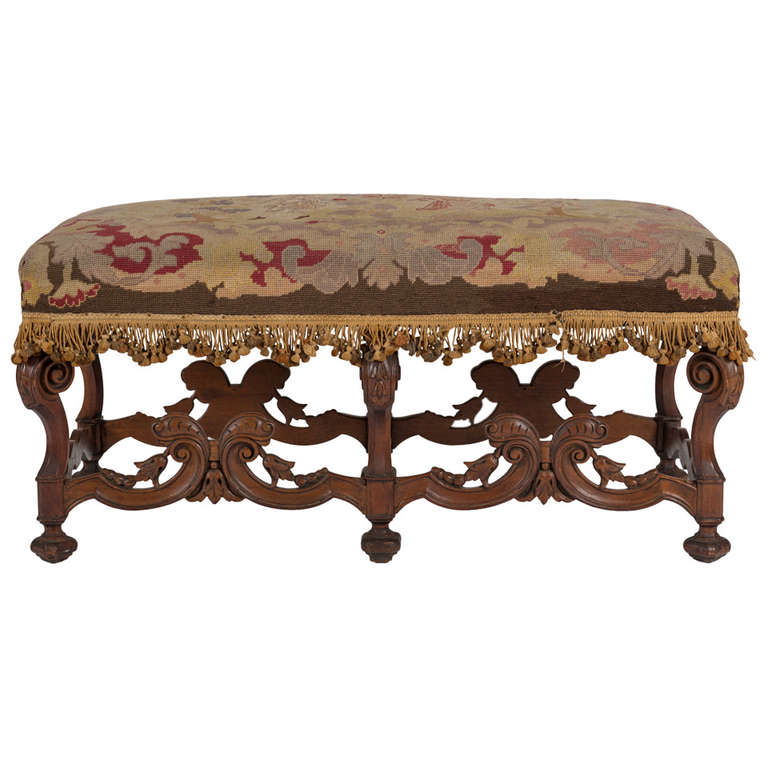 Edwardian Needlepoint and Walnut Jacobean Style Bench at 1stDibs