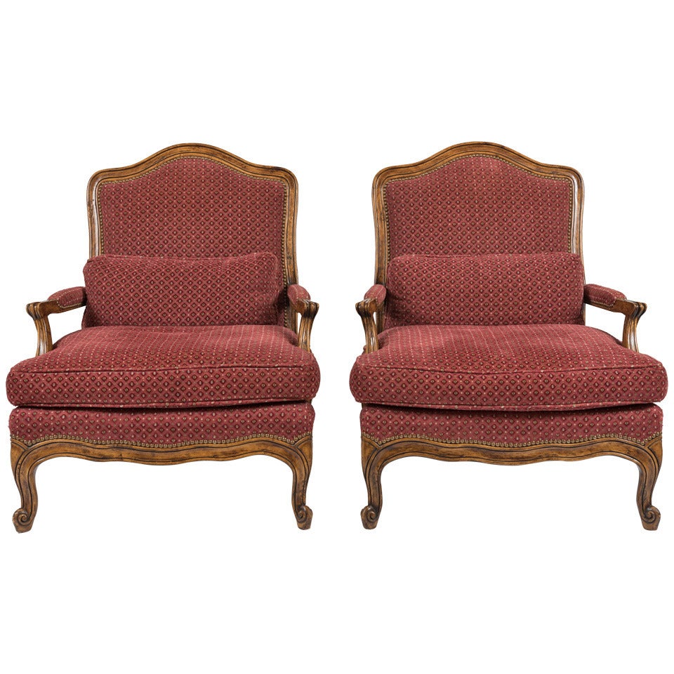 Pair of Louis XV Style Upholstered Lounge Chairs
