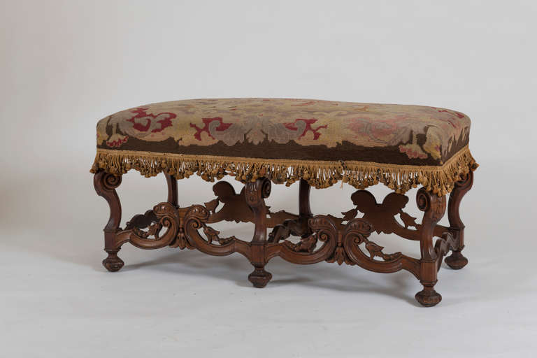 British Edwardian Needlepoint and Walnut Jacobean Style Bench