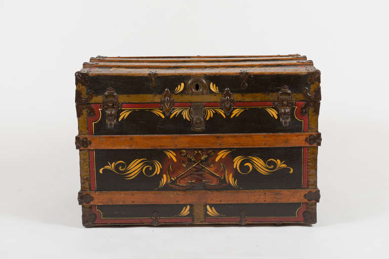 With brass-bound oak, leather carrying handles, and painted canvas with anchor and ship decoration and inscribed: Captain M Powling 1861