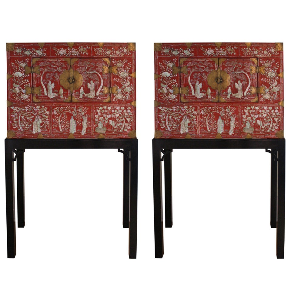 Pair of Stunning 19th Century Red Lacquer and Mother-of-Pearl Cabinets on Stands