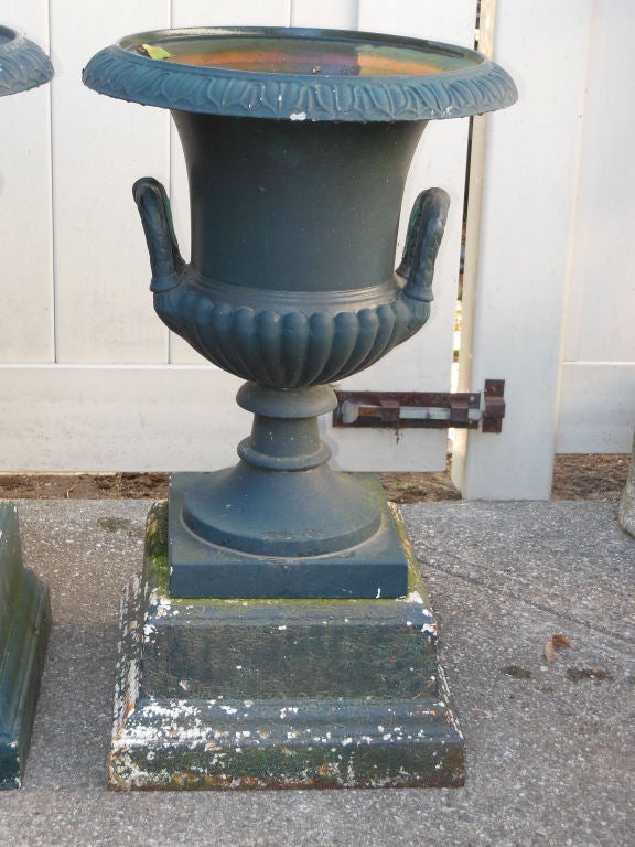 Pr of signed cast iron campana shaped garden urns by J L Mott, underside of the urns read JL MOTT 264 Waters St N. Y. The urns are in great condition, 28 inches tall & 16 inches wide. Mott was a competitor of Fiske's in NY in the 19th
Century