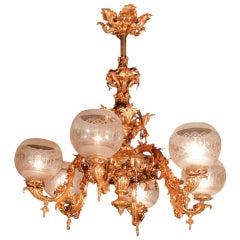 Antique Gas Chandelier Six-Arm w antique globes