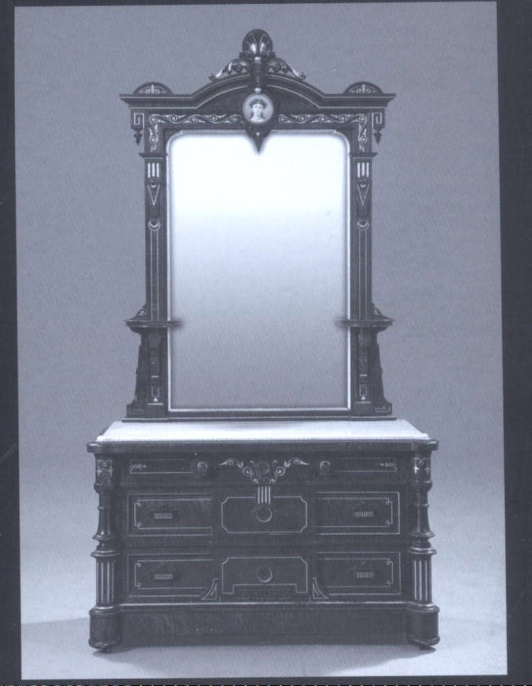 Fine and Rare Three-Piece American Neo-Grec Tiger Maple Bedroom Suite, third quarter 19th century,by Pottier and Stymus, New York, composed of parcel-gilt, ebonized and stained wood, consisting of a high-back bedstead with two circular painted
