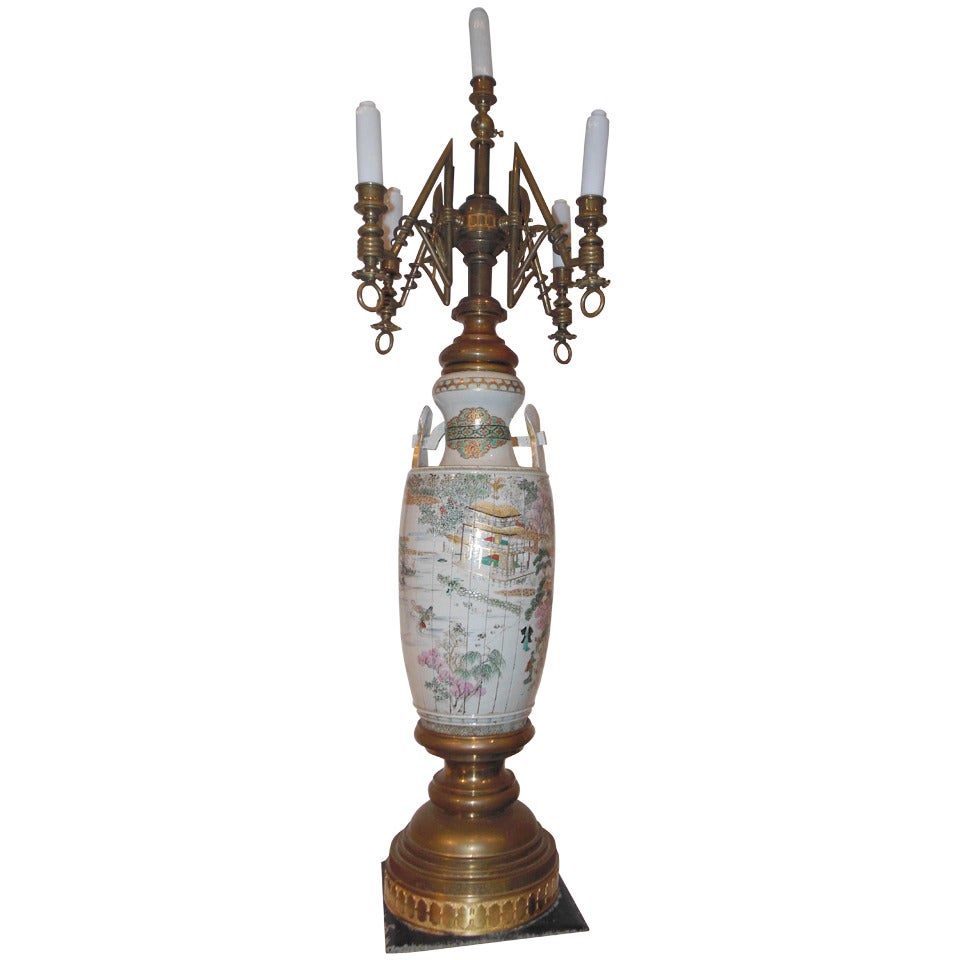 American Aesthetic Newel Light of Satsuma and Brass For Sale