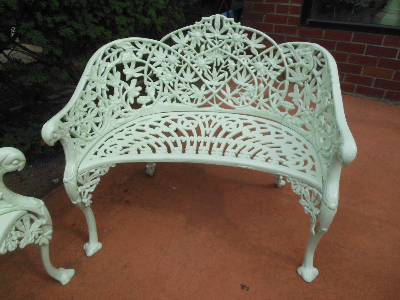 Pr Cast Iron Benches in Passion Flower pattern In Excellent Condition For Sale In Long Island, NY