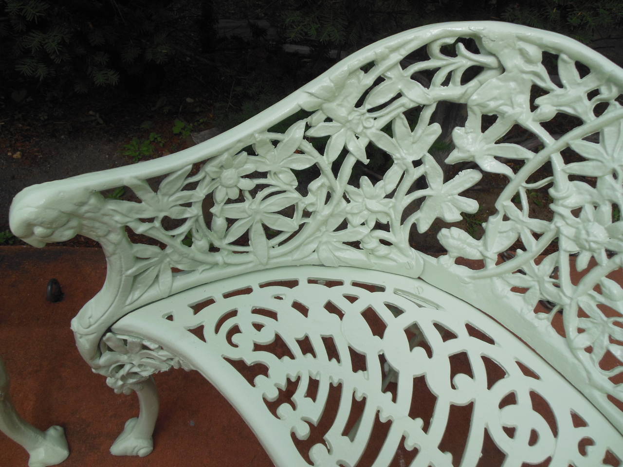 Pr Cast Iron Benches in Passion Flower pattern For Sale 1