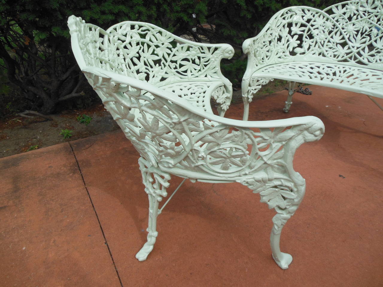 Pr Cast Iron Benches in Passion Flower pattern For Sale 3