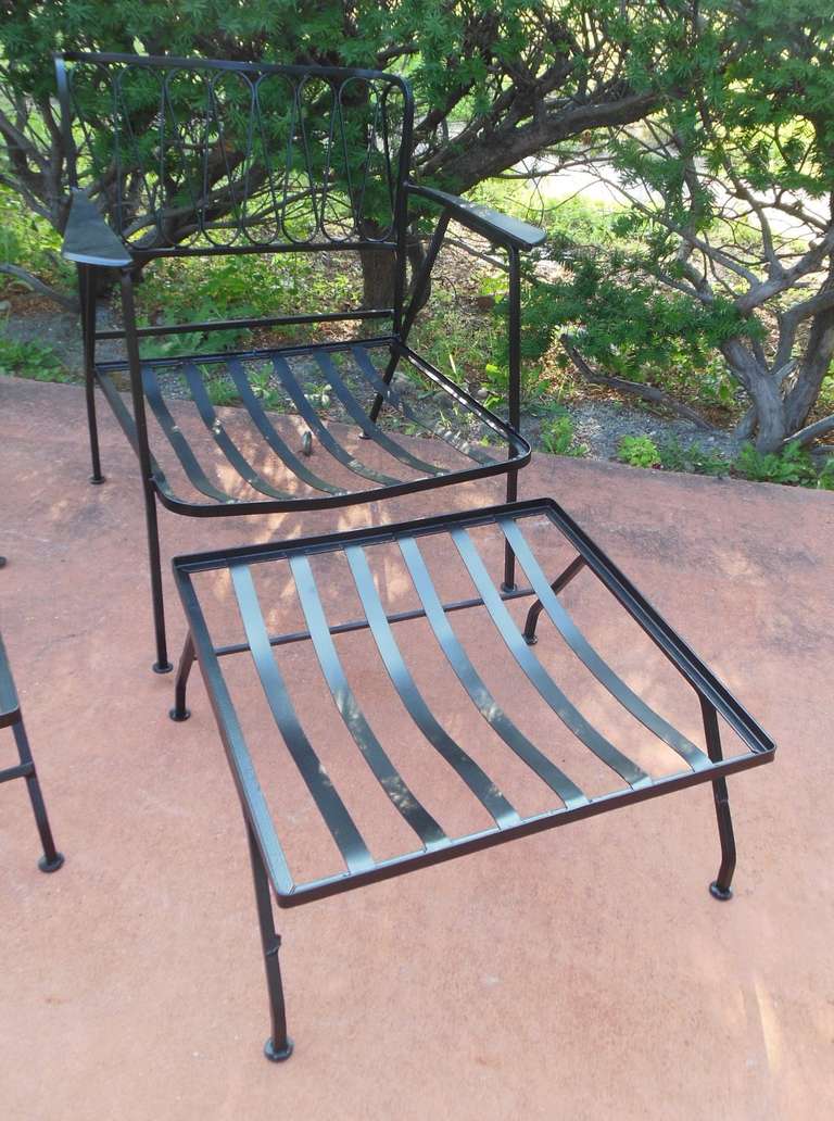 Wrought Iron Salterini Ribbon Pair of  Lounge Chairs and Ottomans