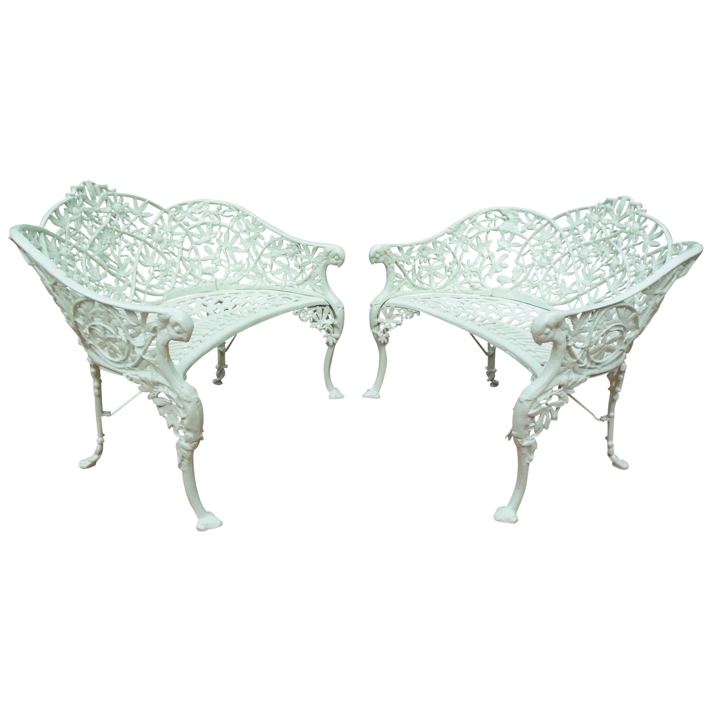 Pr Cast Iron Benches in Passion Flower pattern For Sale