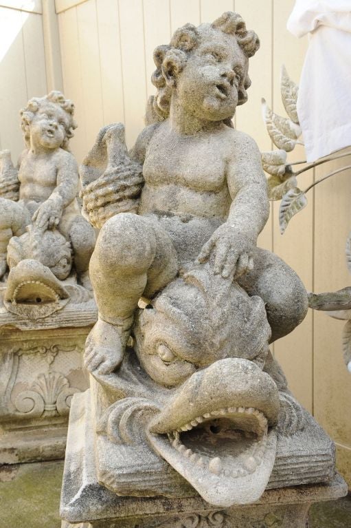 Mid-20th Century Pr of Cast Stone Cherub and Dolphin Fountains