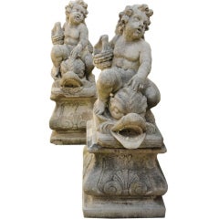 Vintage Pr of Cast Stone Cherub and Dolphin Fountains