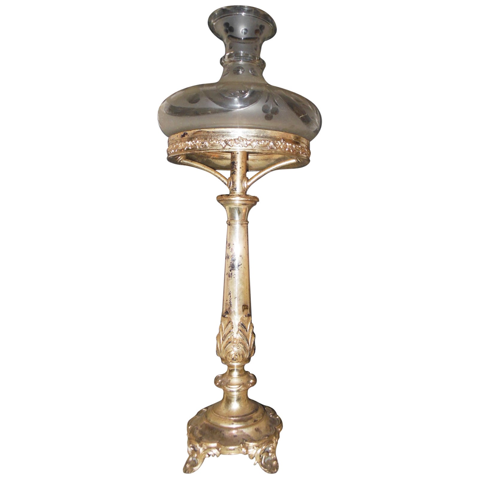 Antique Sinumbra Lamp, Rococo Style with Silverplate Base For Sale