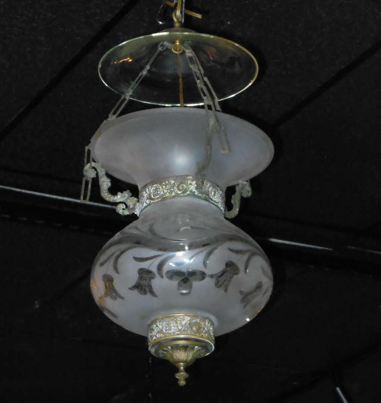 A 19th century hourglass shape frosted and cut hall lantern, has not been drilled for electricity and originally made for a candle, measure: 41 