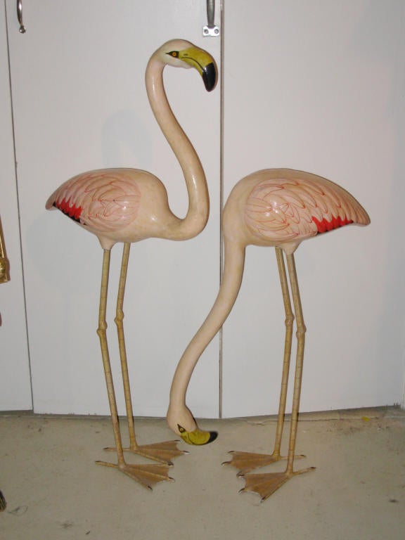 An whimsical pair of flamingoes, made of papier mâché, with wonderful original paint, image 2 shows the very minor damage to the paint on one flamingo.