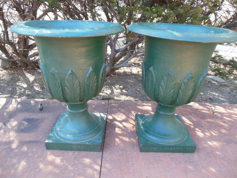 A Pair of English Cast Iron Labeled Urns, "Briggs-Barrow 1880"
The urns are in excellent condition, with an old painted finish but were kept indoors by prior owner