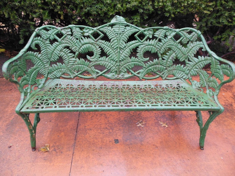 A cast iron Garden bench in the desirable Fern Pattern, with bold castings. The pattern on the seat of the bench is not the typical pattern found on most Fern Benches  
