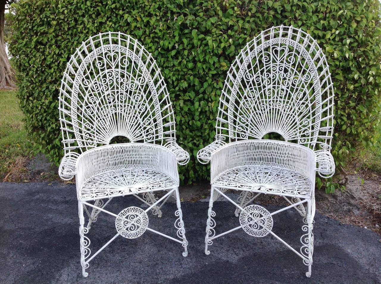 Pair of Iron Wirework High Arch Top Barrel Back Chairs In Excellent Condition In Long Island, NY