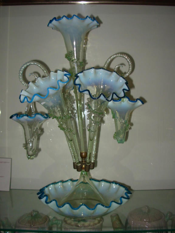 English Stourbridge Epergne in Blue & Vaseline Glass