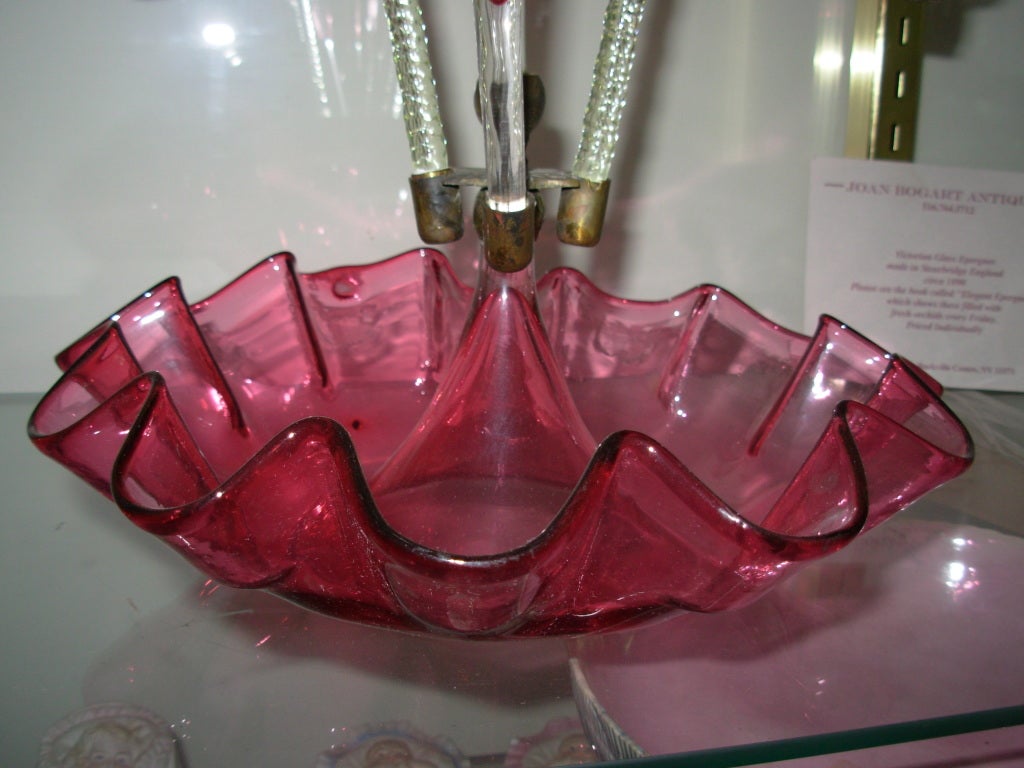 English Cranberry Glass Epergne For Sale