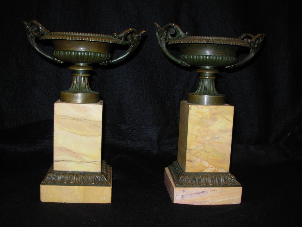 A classical pair of bronze and sienna marble tazza's with excellent detail.