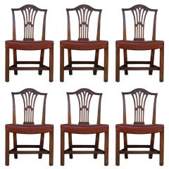 Set of Six George III Mahogany Carved Chairs Leather Seats