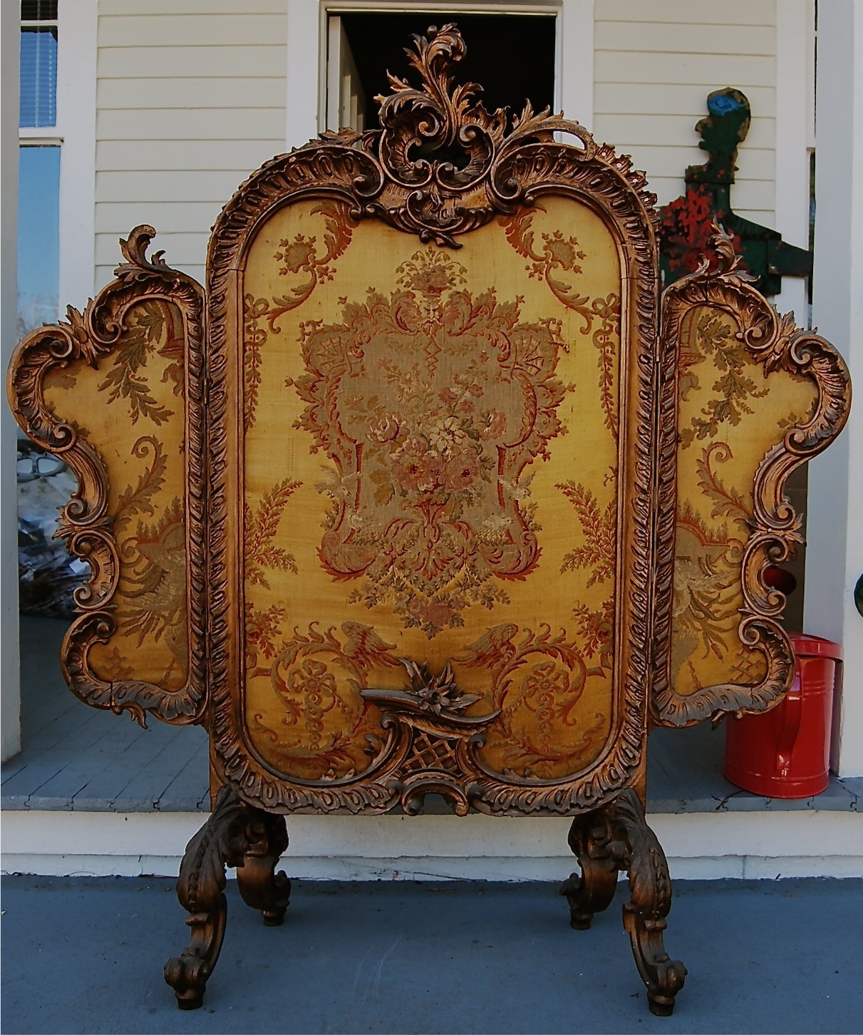 Antique French Carved Giltwood Tapestry Tripartite Fire Screen